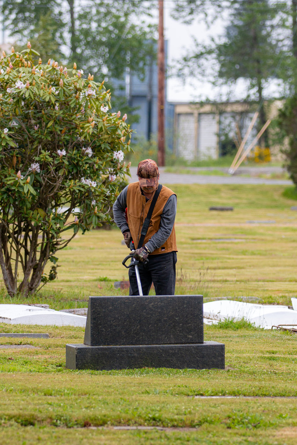 Roy Triana, whose family rests at the Greenwood Memorial Park, trims grass along a headstone. His wife Marie was also part of the work party.
